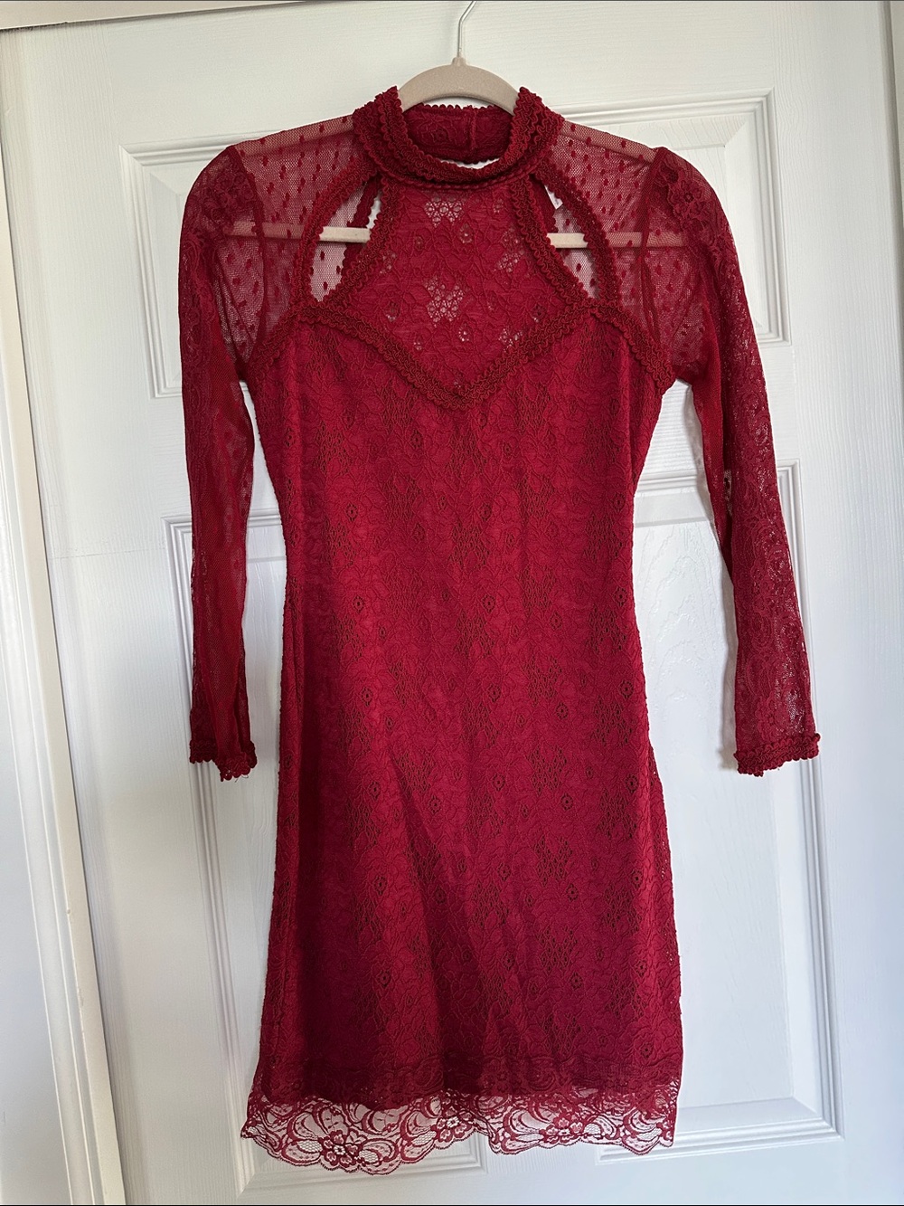 Free People Crimson Lace High-Neck Long Sleeve Dress